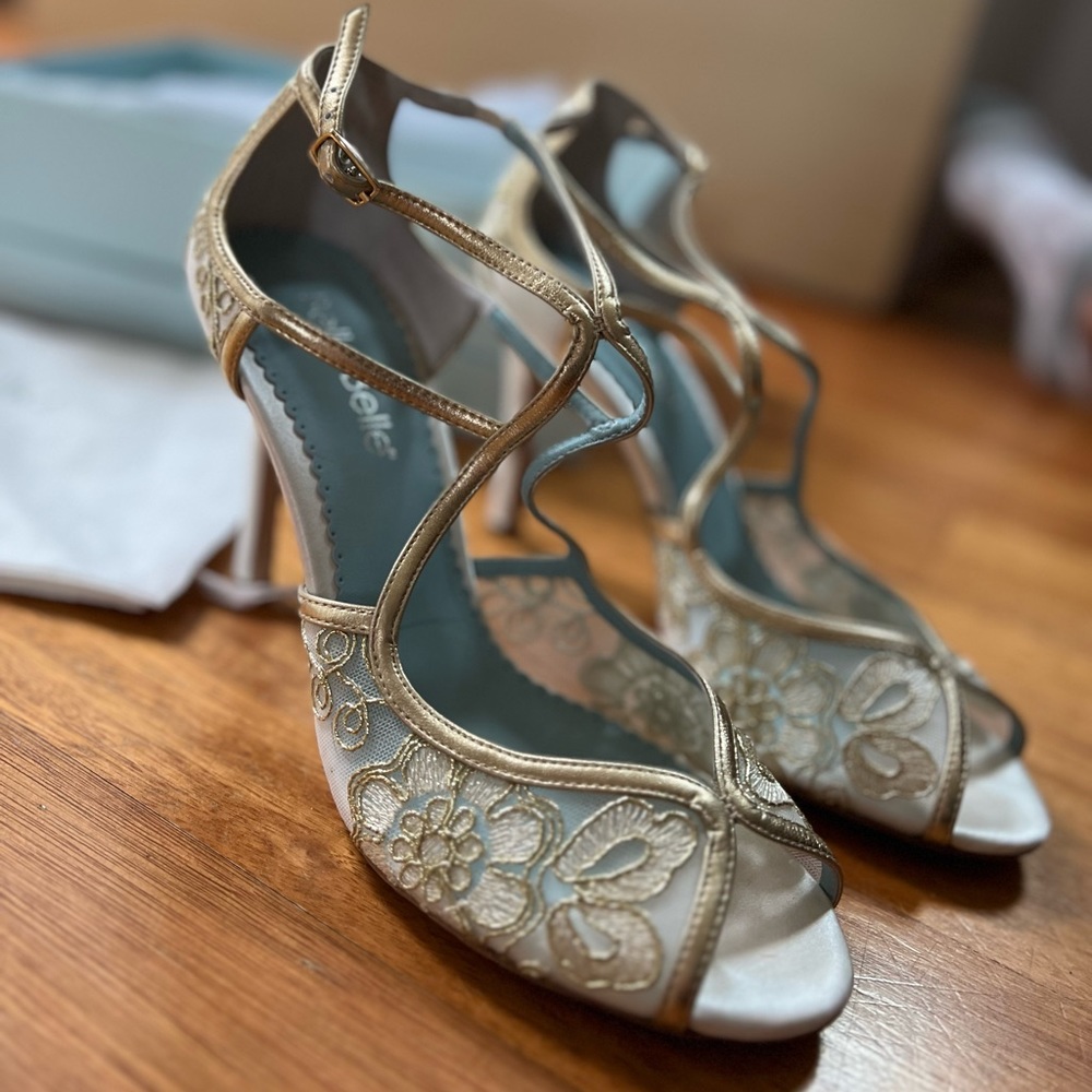 Bella Belle Gold Lace Heels, Blue Sole Shoes